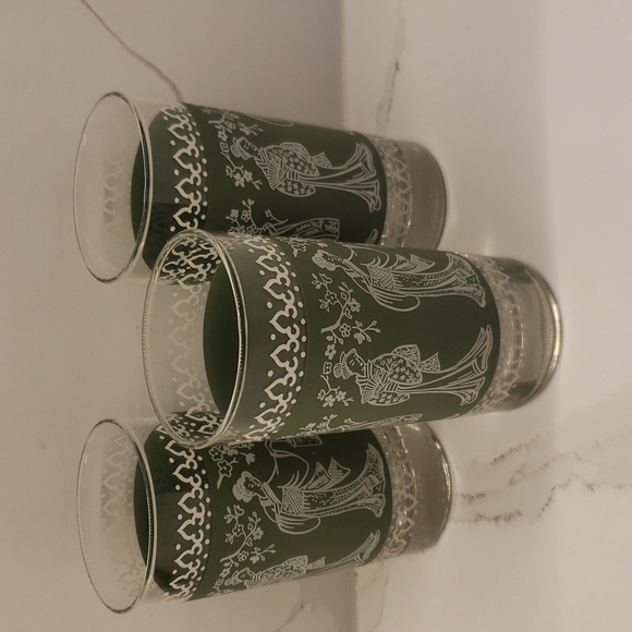 Vintage Set of 3 Libbey Geisha Girl Tumblers Green Flower Festival - Picture 2 of 7